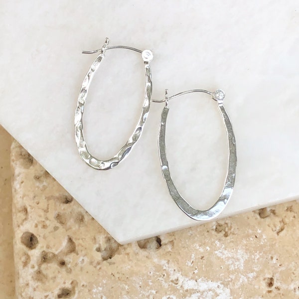 Sterling Silver Hammered Shiny Oval Hoop Earrings NEW 24mm SMALL Size