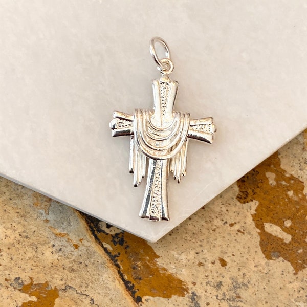 Sterling Silver Polished Draped Cross Small Pendant Charm NEW Unisex Design