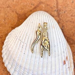 14KT Yellow Gold Polished Italian Mano Cornuto + Horn Corno Pendant Charms SET 30MM LARGE Size Unisex