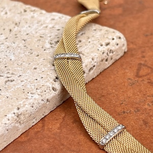 エステート 14KT イエロー ホワイト ゴールド ダブルツイスト ブレイド メッシュ リンク ソフト バングル ブレスレット パヴェ ダイヤモンド ステーション付き 長さ 7 インチ