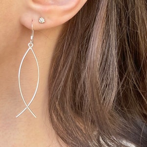 Sterling Silver Polished Ichthus Religious Jesus Fish Thin Shepard Hook Wire Dangle Earrings