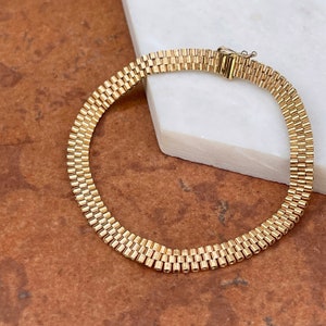 Vintage 14KT Yellow Gold Panther Watch Link Brick Link Mesh Wide Chain Bracelet Heavy Flat