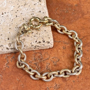 Estate Vintage 14KT Yellow Gold + White Gold Shiny Rounded Rolo Chunky Chain Link Bracelet Toggle Clasp Two Tone
