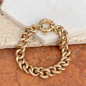 Estate Vintage 14KT Yellow Gold Shiny Rounded Chunky Link Textured Shiny Bracelet Toggle Clasp 7.75"