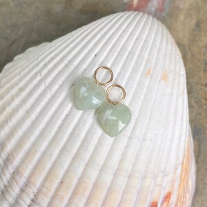 Estate Vintage 14KT Yellow Gold MINI Heart-Shape LIGHT Green/White Jade Gemstone Dangle Earrings Charms Tiny