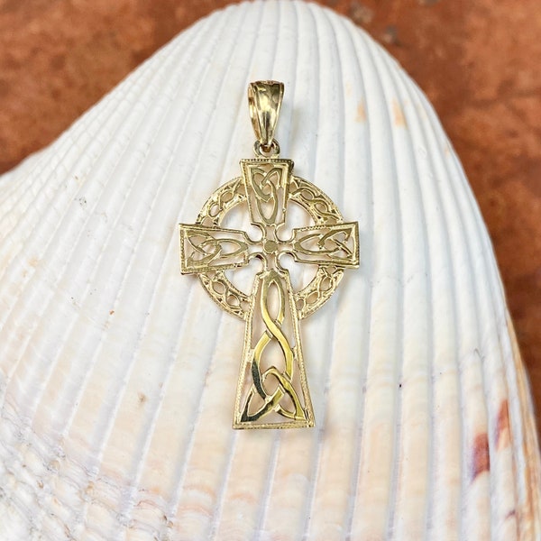 10KT Yellow Gold Celtic Irish Scottish Knot Design Cross with Eternity Circle Pendant Charm Shiny NEW Unisex 21MM
