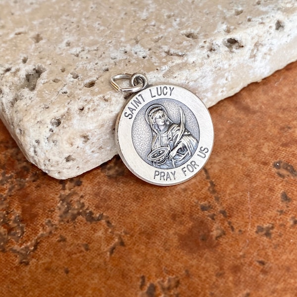 Sterling Silver Antiqued St Lucy Small Round Medal Pendant Charm NEW Patron Saint of Blind 15mm