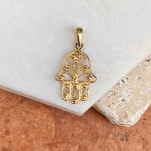 14KT Gelbgold Kabbalah "Hand of Fatima" Hamsa Chamseh Detailliertes Evil Eye Anhänger NEU viel Glück