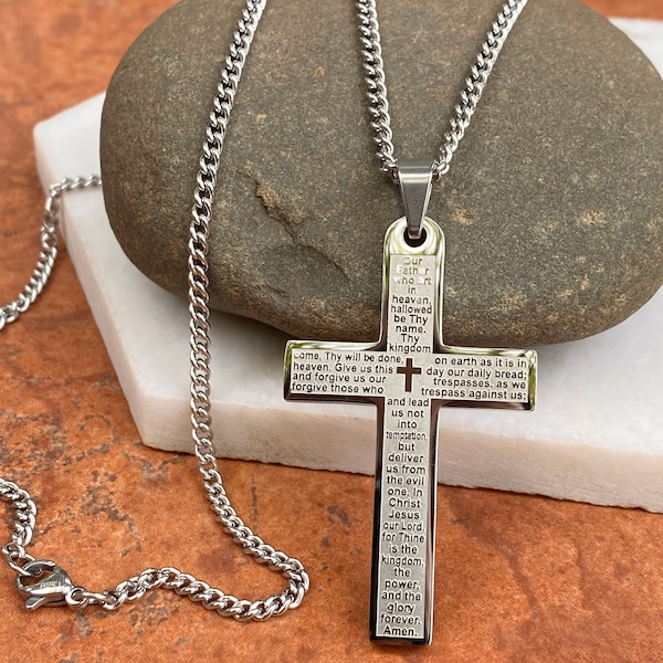 Stainless Steel Polished The Lord's Prayer Cross Pendant Curb Link Necklace Unisex 24"