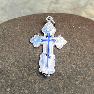 Sterling Silver Blue Enamel Eastern Orthodox Cross Detailed Pendant Charm NEW Unisex Polished