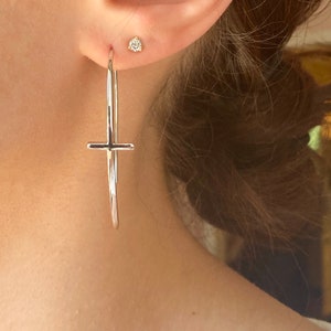 Sterling Silver Polished Curved Cross Dangle Threader Ear Wire Earrings NEW Thin Design