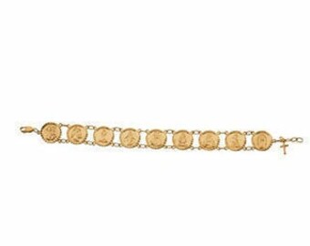 10KT Yellow Gold Traditional Saints Bracelet NEW 7.5" Charm Cross Dangle Backordered 4 Weeks