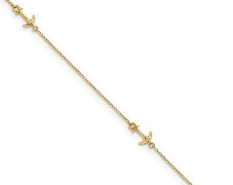 14KT Yellow Gold Polished CZ Stone Anchor Charms Thin Chain Anklet NEW Adjustable 9" Length with 1" Extender Good Luck