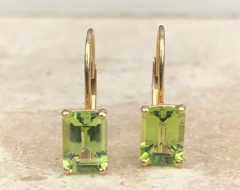 14K Yellow Gold & Genuine Peridot Lever Back Earrings Emerald-Cut 7mm x 5mm