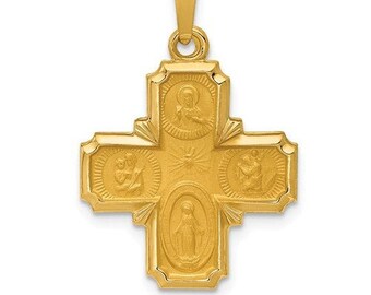 14KT OR JAUNE QUATRE CHEMIN CROIX CATHOLIQUE gravé médaille mini pendentif charme Nouveau