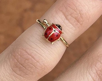 14KT Yellow Gold Red Ladybug Ring NEW Adjustable Youth Ring or Midi Ring