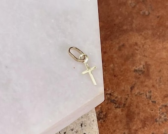 14KT Yellow Gold Cross Pendant Charm NEW MINI Lightweight Thin Plain Teeny Tiny 14mm Flat