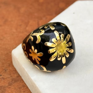 Silver Yellow Gold-Plated Black Enamel Statement Ring Size 6