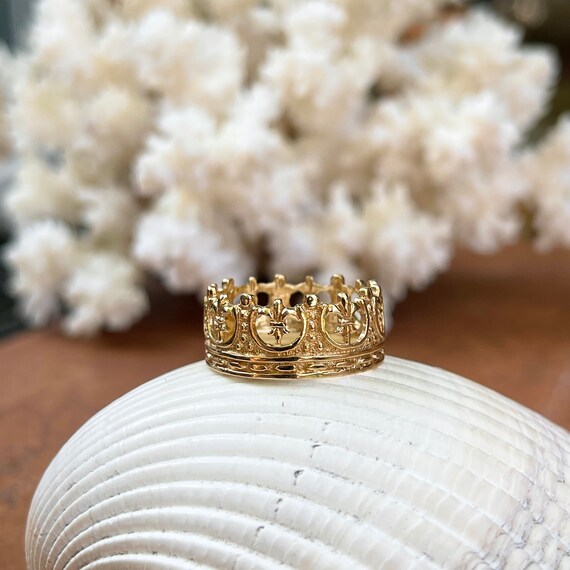 Custom Designed 14KT Yellow Gold Fleur De Lis Crown Band Ring NEW