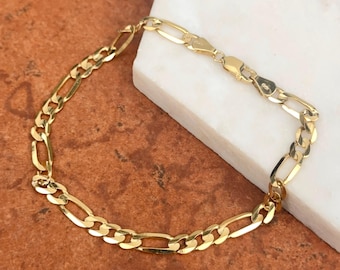10KT Yellow Gold 5.5mm Concave Figaro Link Chain Bracelet Mens Unisex