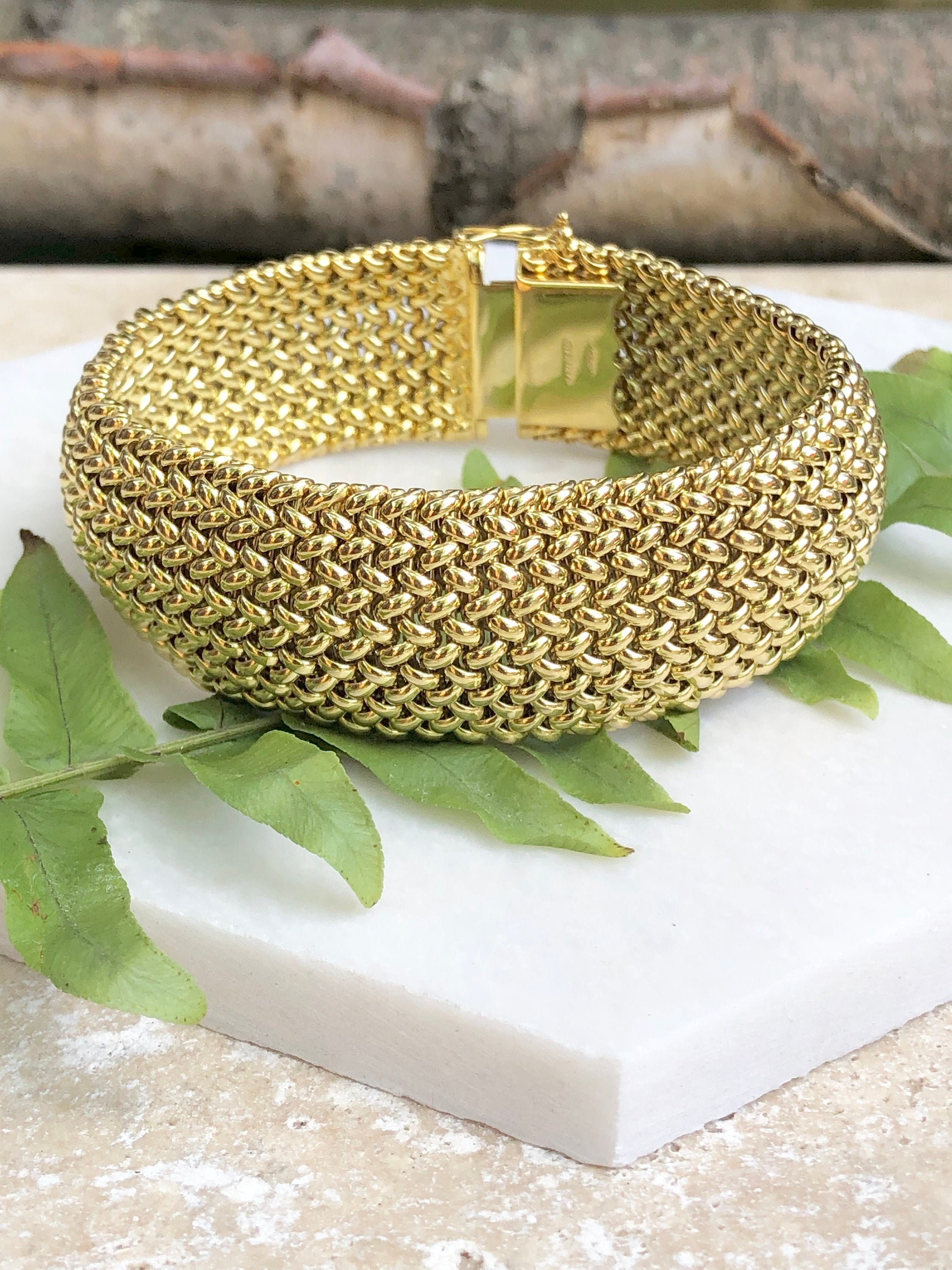 New 14KT Yellow Gold Heavy Wide Mesh Link Soft Bangle Bracelet Heavy 22 Mm  7.5 - Etsy