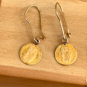 Vintage 14KT Yellow Gold Matte Finish Mexican Coin Replica Dangle Earrings