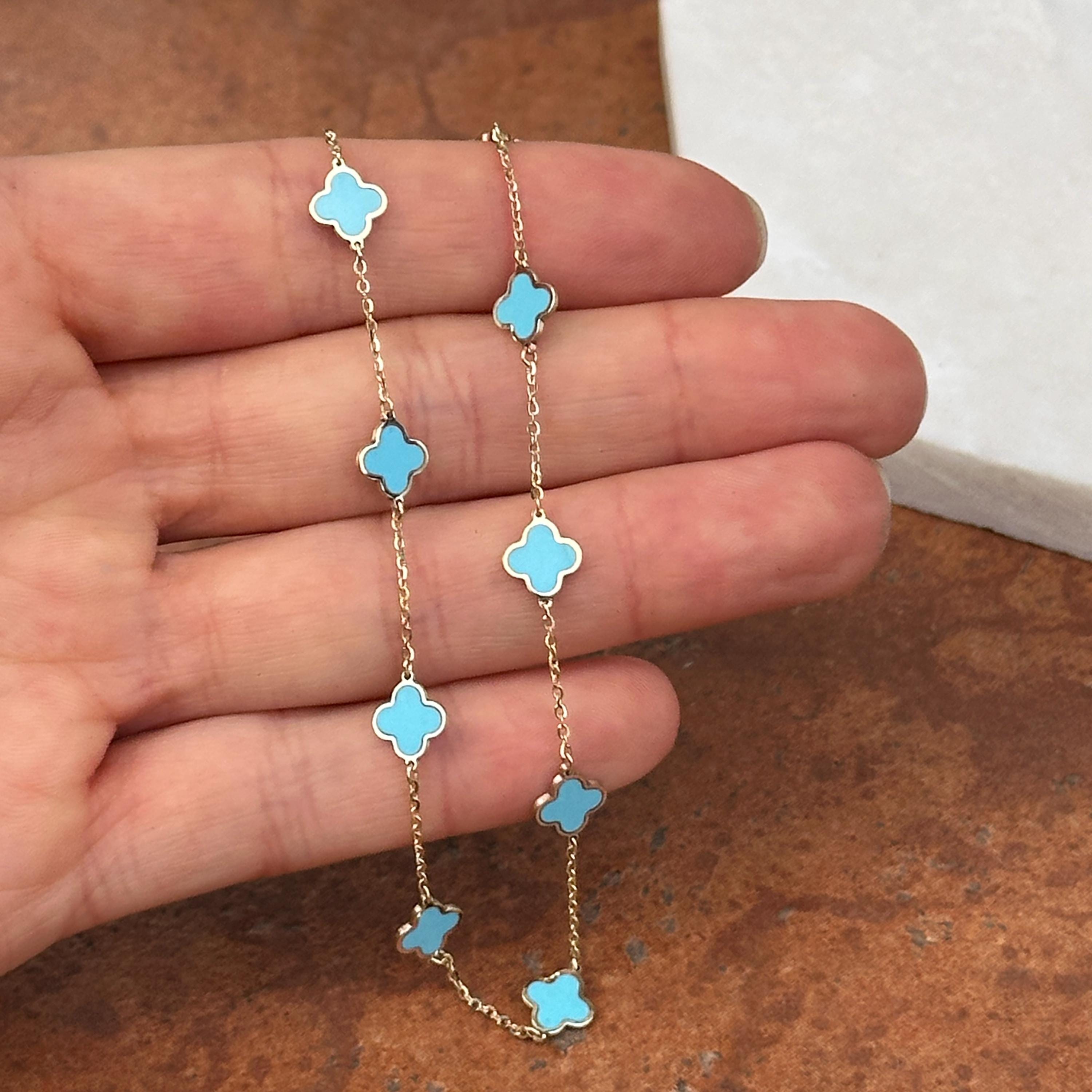 14KTイエローゴールド 7mm ブルーラピスラズリ ターコイズ クローバー