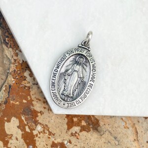 Sterling Silver Antiqued Miraculous Mary Oval Medal Pendant 28mm NEW Unisex Design