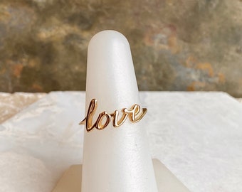 14k Yellow Gold Love Script Ring – Solid Gold Rope Band, Polished & Handcrafted