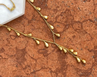 Estate Vintage 14KT Yellow Gold Polished Lariat "Y" Chain Necklace with Tear Drop Matte Diamond Cut Dangles Drop Pendant