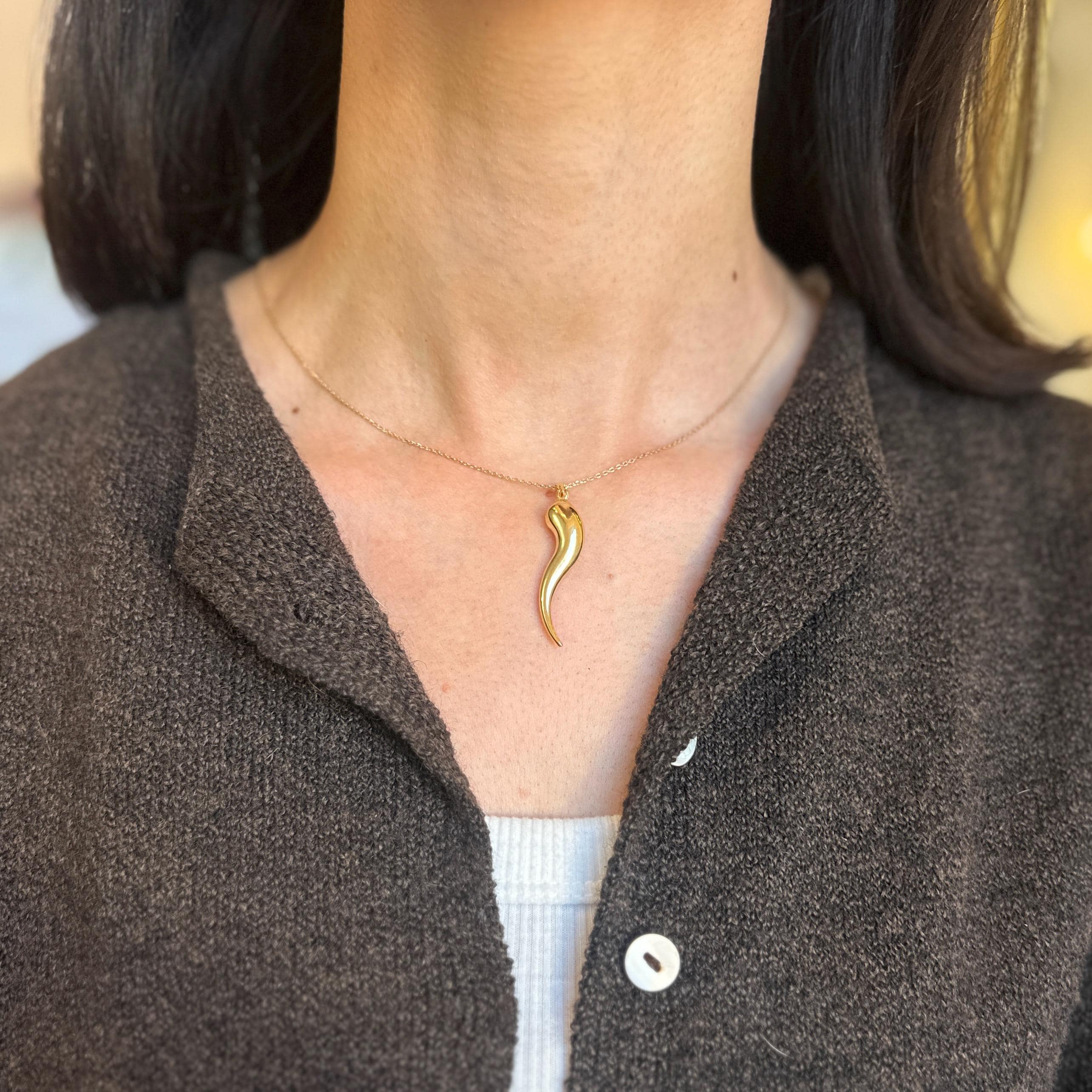14KT Yellow Gold Italian Cornicello Corno Horn Pendant Charm