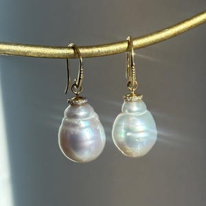 14KT Yellow Gold & Made with South Sea Pearl Earring Shepard Hook and Diamond NEW 13 Fine