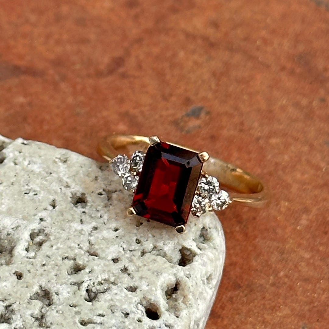 Vintage Estate 14KT Yellow Gold Emerald-cut Garnet + Diamond Ring - Etsy
