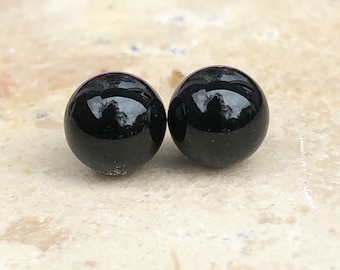 14KT White Gold Genuine Polished Round Black Onyx Ball Post Earrings 8MM Stud NEW