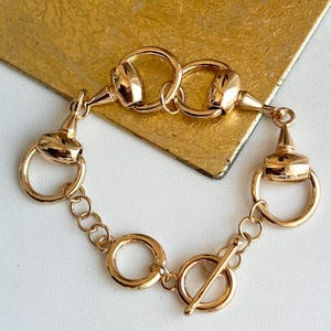 Estate Vintage Yellow Gold-Plated Gold Tone Horse Bit Links With Toggle Clasp Bracelet 7”-8.5” Adjustable