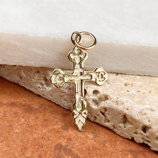 10KT Yellow Gold Eastern Orthodox Cross Detailed Small Size Pendant Charm NEW Unisex Polished 25MM