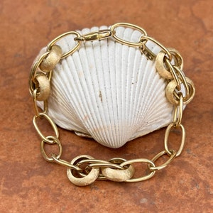Vintage 14KT Yellow Gold Oval Shiny Link + Round Textured Matte Chain Link Bracelet 8&quot; Fits Small Chunky