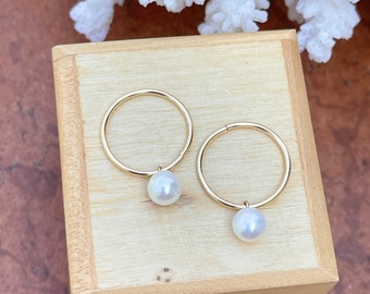 14KT Yellow Gold Small Endless Hoop Earrings with Dangling White Freshwater Pearl Charms 16mm