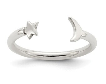 Sterling Silver Polished Moon + Star Adjustable Ring NEW Open Stacking Ring