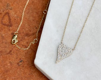 Estate Vintage 14KT Yellow Gold Pave Diamond Heart Pendant Chain Necklace 16”-17”- 18” Adjustable