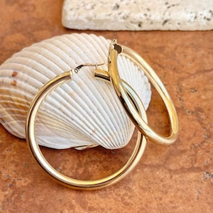 14KT Yellow Gold Shiny Finish 4mm Thick Tube Round Hoop Earrings 46mm Large