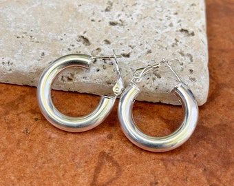 Sterling Silver Polished 5mm Tube Hoop Omega Back Earrings NEW Classic Style Medium Size 15mm