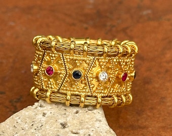 Vintage 18KT Yellow Gold Matte Etruscan Byzantine Genuine Ruby Blue Sapphire Diamond Cigar Band Ring Size 8 Flex Stetch Ring