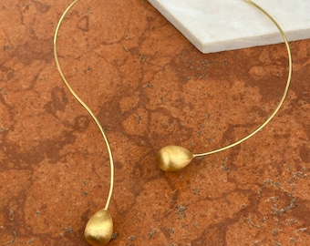 Vintage 18KT Gelbgold glänzend Draht & matt Teardrop Ball Hals Choker Kragen Halskette Manschette offen