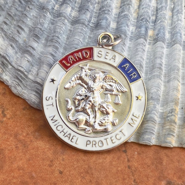 Sterling Silver Red, White, Blue St Michael Patron Saint of Military Round Medal Pendant Charm NEW Land Sea Air