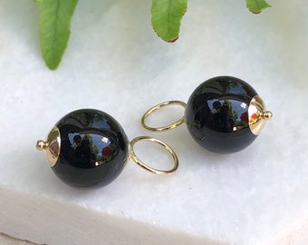 14KT Yellow Gold & Black Onyx Add to Hoop Earring Charms Enhancers NEW 10mm Balls