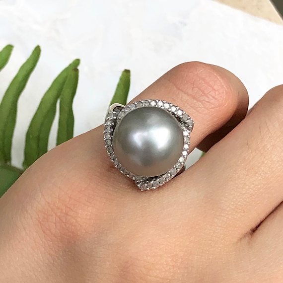 エステート 14KT ホワイトゴールド ダイヤモンド＆天然タヒチ南洋真珠 
