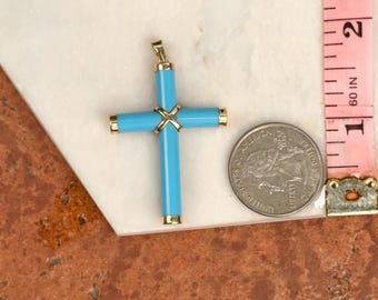 14KTイエローゴールドターコイズ天然宝石ディテールクロスペンダント