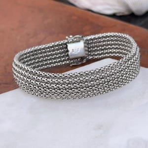 ヴィンテージ 14KT ホワイト ゴールド 幅広 厚手 メッシュ リンク スタイル ソフト バングル ブレスレット 重厚 14 mm チャンキー ブレスレット 8 インチ