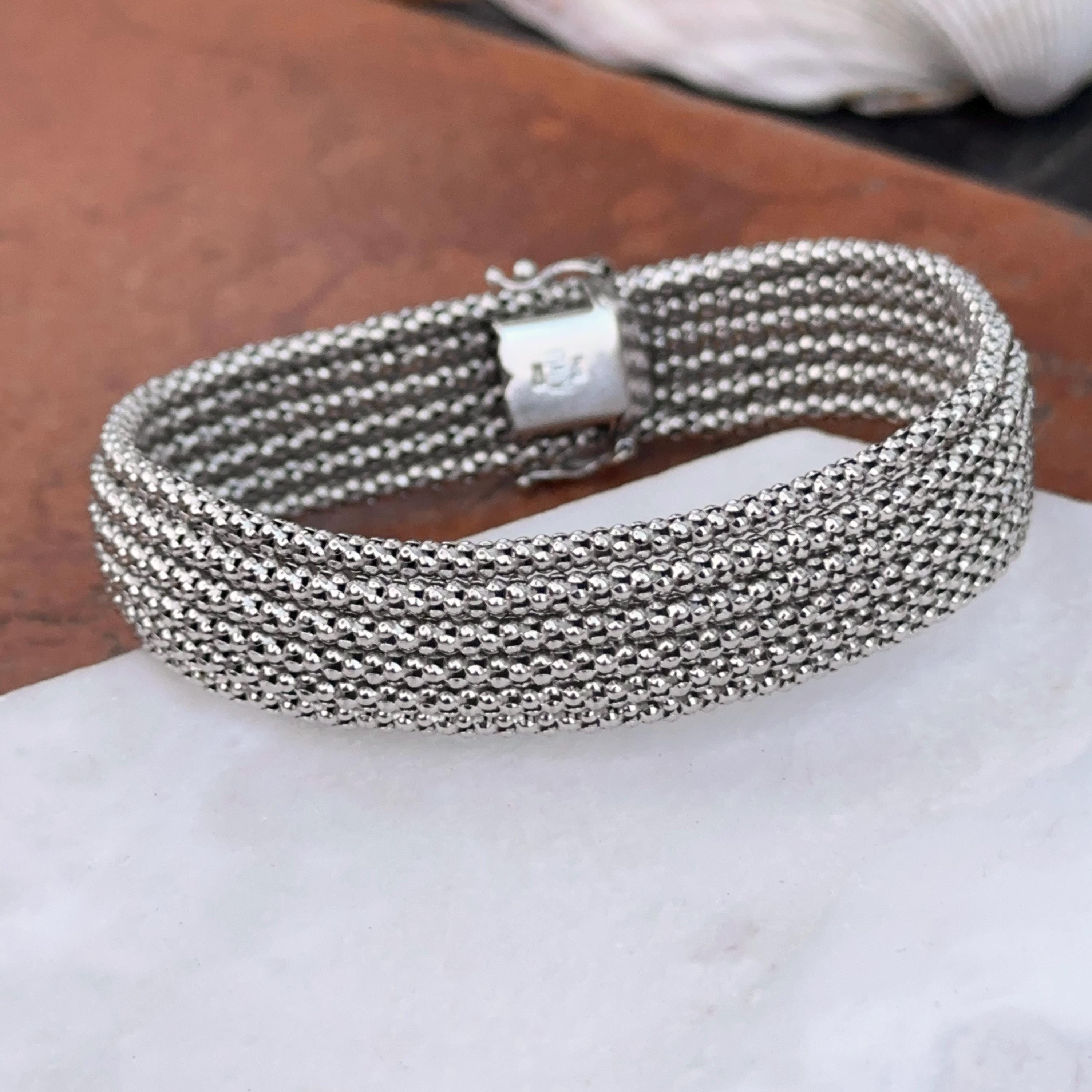 ヴィンテージ 14KT ホワイトゴールド 幅広 厚手 メッシュ リンク 